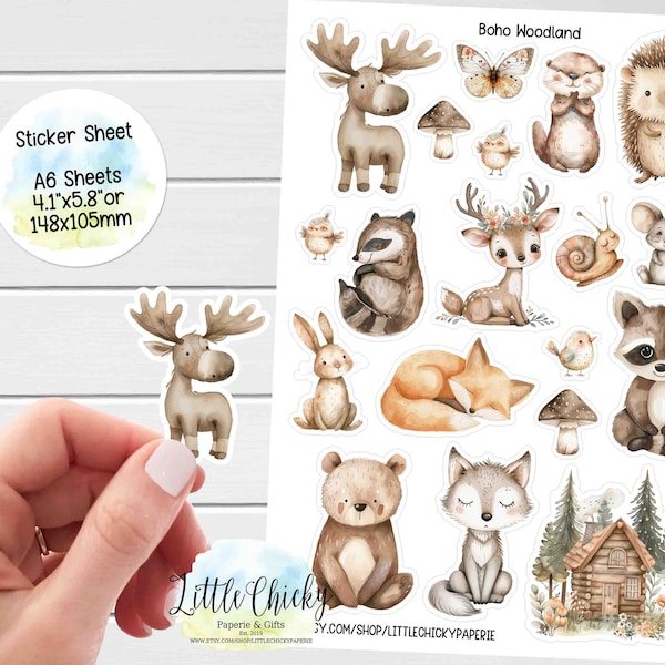 Sticker Sheet - Watercolor Woodland Animal Stickers, Boho Animals, Planner Stickers, Scrapbook Stickers, Journal Stickers, Baby Stickers