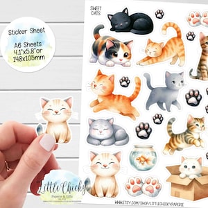 Feuille d'autocollants - Stickers pour agenda Sweet Cats, Stickers de scrapbooking, Stickers chat, Stickers pour journaux intimes, Stickers bébé, Chatons, Pattes de chat adorables