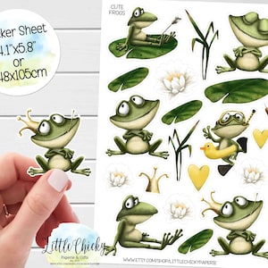 Hoja de calcomanías: calcomanías de ranas lindas, calcomanías para planificadores, calcomanías para álbumes de recortes, calcomanías para diarios, calcomanías de ranas de acuarela, calcomanías para niños