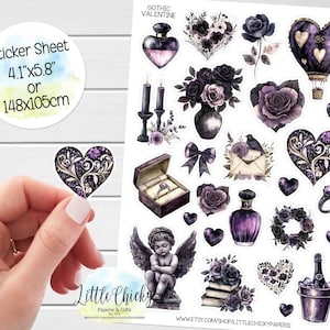 Sticker Bogen - Gothic Valentinstag Aufkleber, Planer Aufkleber, Scrapbook Aufkleber, Journal Aufkleber, Valentinstag Aufkleber, Lila