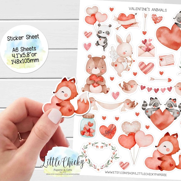 Stickervel - Valentijnsdag dierenstickers, plannerstickers, plakboekstickers, dagboekstickers, dagboekstickers, babystickers