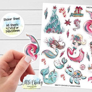 Feuille d'autocollants - Stickers sirène de Noël, Stickers agenda, Stickers scrapbooking, Stickers journal, Stickers journal, Stickers bébé