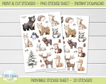 Printable Stickers - Winter Woodland Animal Stickers, Print & Cut Stickers, Digital Download, Journal Stickers, Scrapbook Stickers