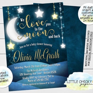 Invito per la festa del bambino Love You to the Moon and Back, blu navy e oro, luna e stelle, invito per baby shower, invito digitale stampato