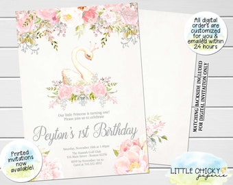 Swan Birthday invitation, First birthday, Blush Pink and Gray Floral Swan Birthday invitation, Printed Invitations, Digital invitation