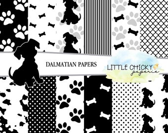 Black & White Dalmatian Digital Paper Set, Dalmatian Dog Digital Paper Set, Scrapbook Paper, Children's digital paper