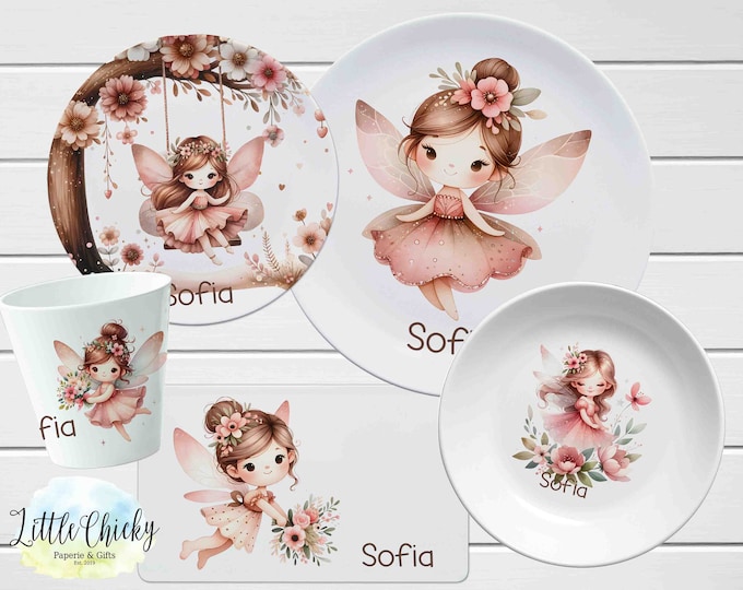 Fairy Children's Plate set, Pink Floral Fairy Personalized Plate, Cup, Melamine Plate, Birthday Gift, First Birthday, Baby Gift