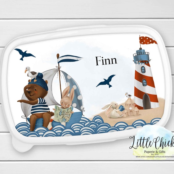 Nautical lunch box, Personalized Vesper box, Bread Box, pink, white or blue boxes available, Kindergarten lunchbox, back to school