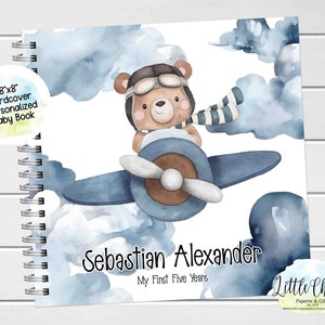 Airplane Bear Baby Keepsake Journal, Aviator Bear Personalized Baby Book, Milestone Stickers, First Five Years, Baby Book, Baby Shower Gift