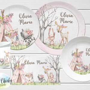 Ensemble d'assiettes pour enfants animaux des bois, assiette personnalisée animaux de la forêt rose, tasse, assiette en mélamine, cadeau d'anniversaire, premier anniversaire, cadeau de bébé image 1