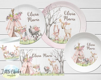 Juego de platos infantiles de animales del bosque, plato personalizado de animales del bosque rosa, taza, plato de melamina, regalo de cumpleaños, primer cumpleaños, regalo de bebé