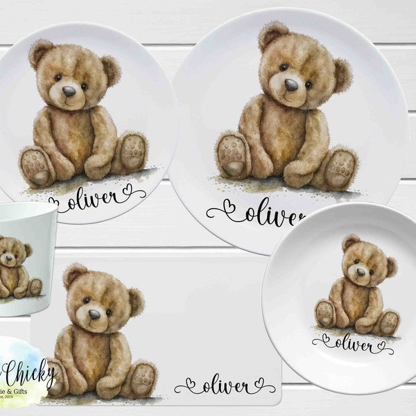 Teddy Bear Children's Plate set, Watercolor Teddy Bear Children's Personalized Melamine Plate Set, Birthday Gift, Baptism Gift