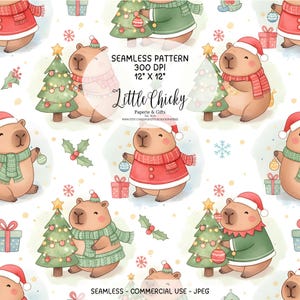 Könnte beinhalten: Ein nahtloses Muster mit Cartoon-Wasserschweinen in festlicher Kleidung. Die Wasserschweine tragen Weihnachtsmützen, Schals und Pullover und halten Christbaumkugeln und Weihnachtsbäume. Das Muster enthält den Text "SEAMLESS PATTERN 30.48 cm X 30.48 cm" und "Little Chicky".