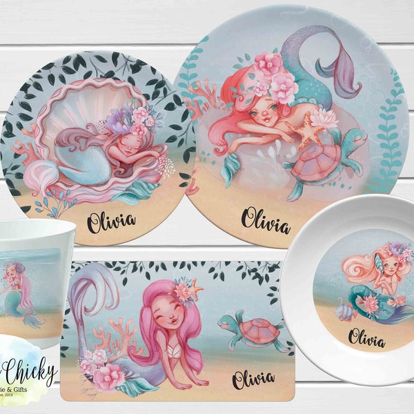 Mermaid Children's Plate set, Personalized Mermaid Plate, Cup, Melamine Plate, Birthday Gift, First Birthday, Baby Girl Gift, Baptism Gift
