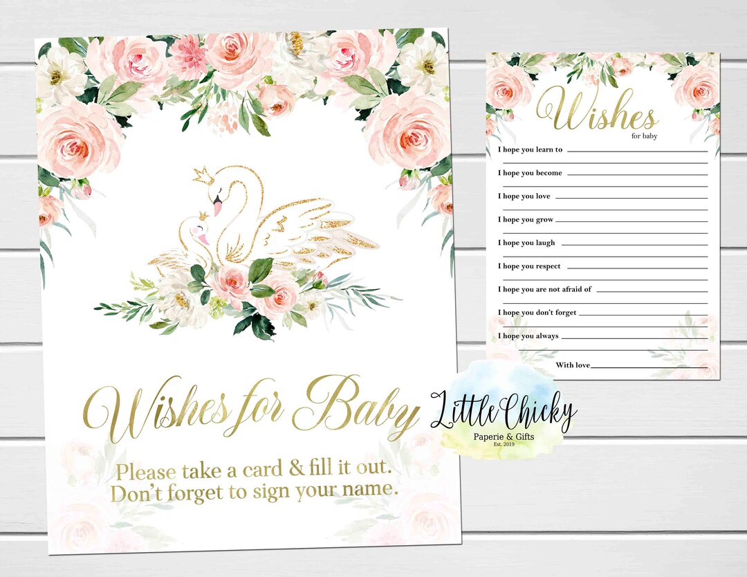 Swan Baby Shower Wishes for Baby Sign and Message Card Printable, Blush ...