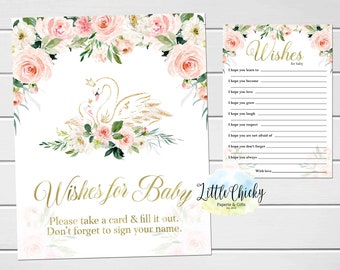 Swan Baby Shower Wishes for Baby Sign and Message Card Printable, Blush Pink and Gold, Instant Download, Non-Personalized Baby Shower Game