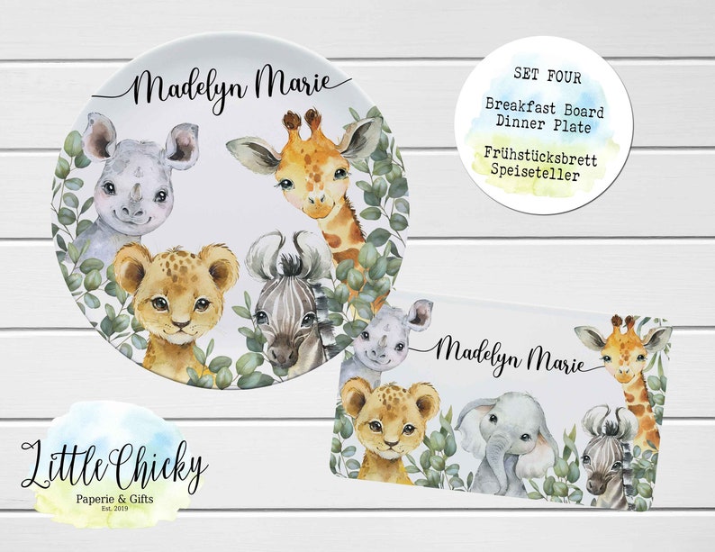 Safari Animals Children's Plate set, Jungle Animals Personalized Plate, Cup, Melamine Plate, Birthday Gift, First Birthday, Baby Gift Set FOUR