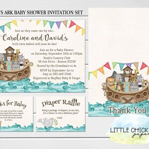 Noah's Ark Twins Baby Shower invitation Set with Thank you Card, Diaper Raffle Card, Books for Baby Card, Printable Invitation Set