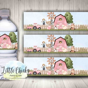 Pink Farm Water Bottle Wrappers, Baby Shower or Birthday water bottle labels, Printable water bottle wrappers, Instant Download