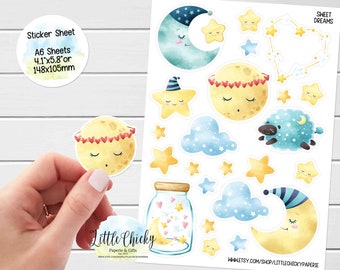 Sticker Sheet -Sweet Dreams Stickers, Goodnight, Planner Stickers, Scrapbook Stickers, Moon & Star Stickers, Journal Stickers, Baby Stickers