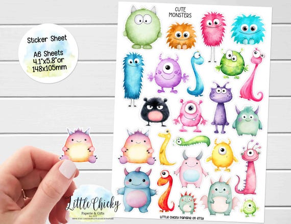 Sticker Sheet - Cute Monsters Stickers, Planner Stickers, Watercolor Monster Stickers, Scrapbook Stickers, Journal Stickers, Baby Stickers