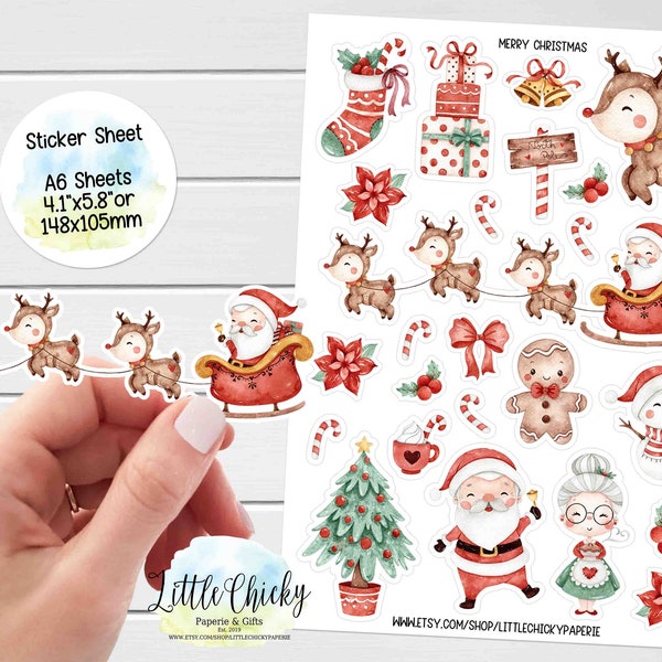 Sticker Sheet - Merry Christmas Stickers, Santa, Planner Stickers, Scrapbook Stickers, Christmas Card Stickers, Journal Stickers, Holidays