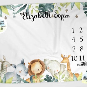 Manta de hitos de animales de safari, manta con foto mensual, manta de hitos personalizada, manta de bebé de animales de la jungla, regalo para bebé