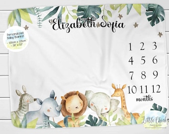 Safari Tiere Meilenstein Decke, monatliche Foto Decke, personalisierte Meilenstein Decke, Dschungeltiere Babydecke, Babygeschenk
