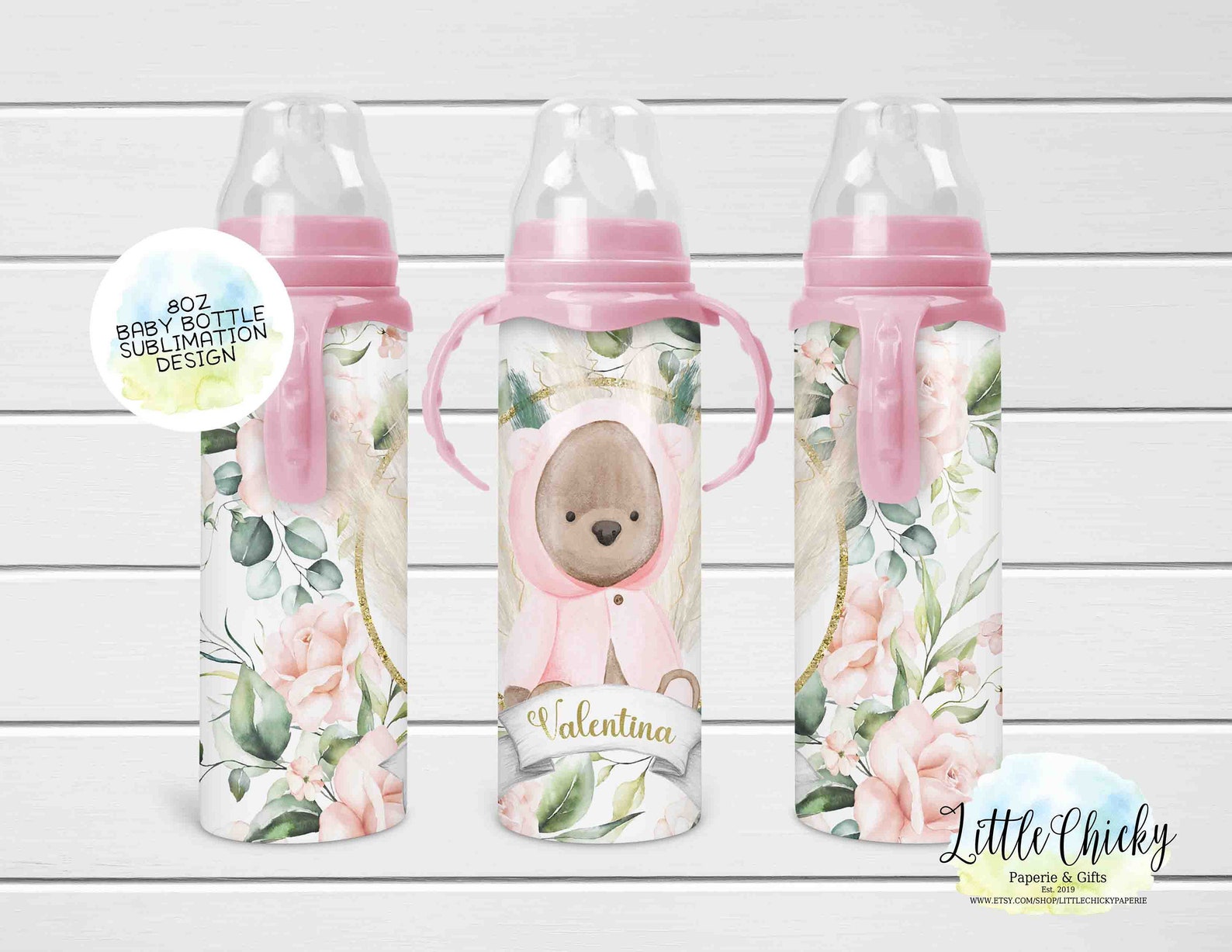 8oz Baby Bottle Sublimation Design Pink Bear Floral Baby Etsy Australia