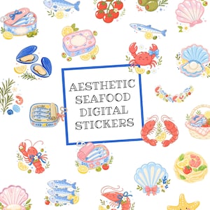 May include: A collection of digital stickers featuring illustrations of seafood including sardines in tins, crabs, prawns, mussels, and seashells, interspersed with lemons, tomatoes, and olives. The text AESTHETIC SEAFOOD DIGITAL STICKERS is centred.