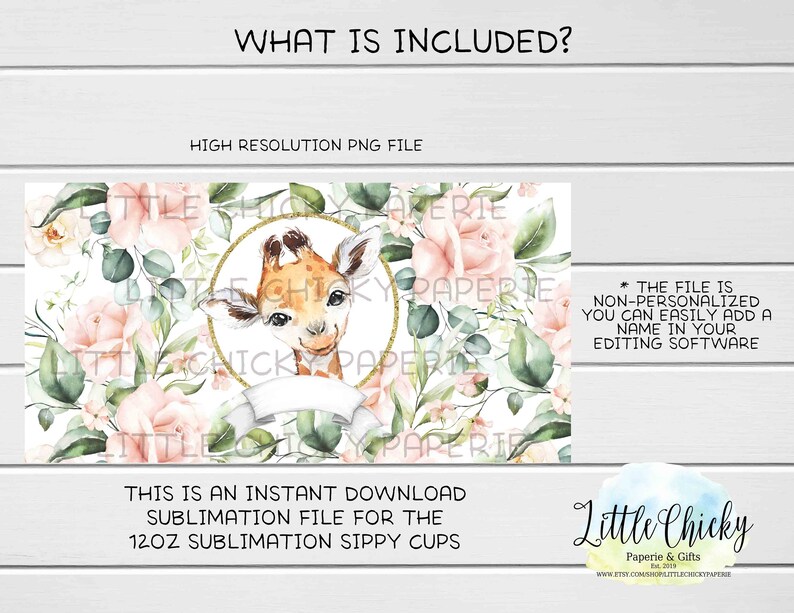 May include: A sublimation design featuring a cute giraffe with pink roses and greenery on a white background. The design is for 12 oz sublimation sippy cups.