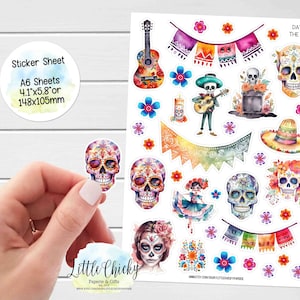 Feuille d'autocollants - Stickers de l'agenda Le jour des morts, Stickers Día de las Muertos, Stickers album, Stickers journaux, Stickers Halloween