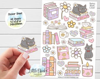 Hoja de pegatinas: pegatinas retro para amantes de los libros, pegatinas de libros, pegatinas para planificadores, pegatinas para álbumes de recortes, pegatinas para diarios, pegatinas de lectura