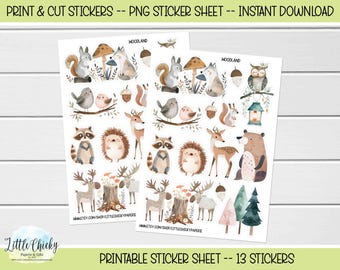 Printable Stickers -  Woodland Animal Stickers , Print & Cut Stickers, Digital Download, Journal Stickers, Scrapbook Stickers