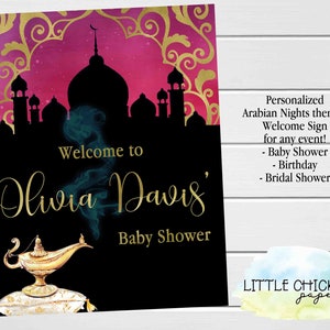 Arabian Nights Baby Shower Welcome Sign, DIGITAL Pink and Gold Moroccan Party Welcome Sign
