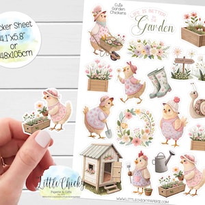 Aufkleber Bogen - Niedliche Gartenhühner, Frühlingsgarten Aufkleber, Planer Aufkleber, Scrapbook Aufkleber, Huhn Aufkleber, Journal Aufkleber