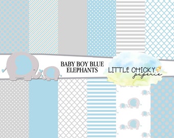 Blue Elephant Digital Paper Set, Baby Boy Blue Digital Paper Set, Scrapbook Paper, Baby Boy Digital Paper Set, Elephant