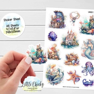 Feuille d'autocollants - Autocollants sous la mer, Autocollants pour agenda, Autocollants de scrapbooking, Autocollants sirène, Autocollants pour carnet de notes, Autocollants bébé