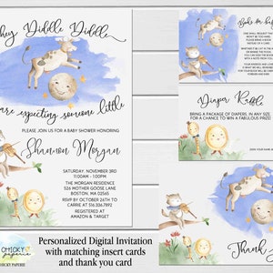 Nursery Rhyme Hey Diddle Diddle Baby Shower Invitation Set avec carte de remerciement, carte de tombola de couches, demande de livre, invitations imprimables