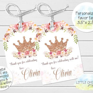 Rose Gold Princess Birthday Favor Tags , Floral Princess Thank You Tags , Rose Gold and Blush Pink Favor Tags , Digital Favor Tags