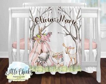 Personalized Pink Woodland Animals, Soft Minky Baby Blanket, Baby Shower Gift, New Baby Gift, 50"x60" Baby Blanket, Personalized Blanket
