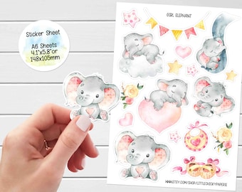 Sticker Sheet - Baby Girl Elephant Stickers, Planner Stickers, Scrapbook Stickers, Journal Stickers, Baby Stickers, Shower Stickers