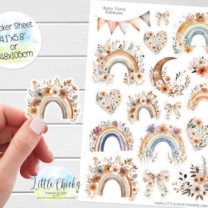 Stickervel - boho bloemen regenboogstickers, plannerstickers, plakboekstickers, regenboogstickers, dagboekstickers, babystickers