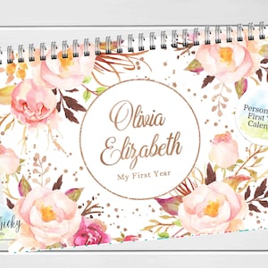 Calendario del primer año del bebé - Calendario floral en oro rosa para recordar el primer año del bebé, pegatinas para hitos, calendario del primer año, regalo para baby shower