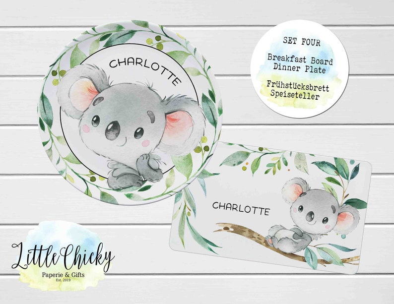 Juego de Platos Infantiles Koala, Plato Personalizado Koala Acuarela, Taza, Plato de Melamina, Regalo Cumpleaños, Primer Cumpleaños, Regalo Bebé, Niño, Niña Set FOUR