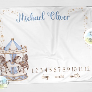 Blue Carousel Horse Milestone Blanket, Monthly Photo Blanket, Personalized Milestone Blanket, Pink, Floral Blanket, Baby Shower Gift