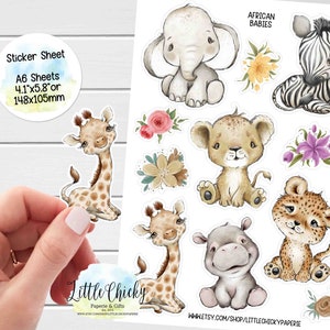 Hoja de pegatinas: pegatinas de animales africanos para bebés, pegatinas para planificadores, pegatinas para álbumes de recortes, pegatinas para diarios, pegatinas para bebés, pegatinas de acuarela