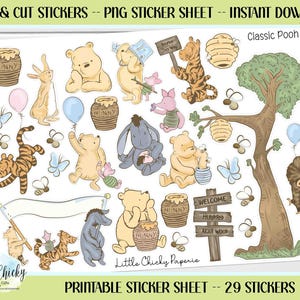 May include: Printable sticker sheet featuring 29 Classic Pooh-themed stickers. The stickers include Winnie the Pooh, Piglet, Tigger, Eeyore, and other characters, along with honey pots, balloons, and a tree. The sheet also includes the text "Print & Cut Stickers".
