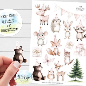 Aufkleber Bogen - Rosa Wald-Geburtstags-Aufkleber, Planer-Aufkleber, Scrapbook-Aufkleber, Journal-Aufkleber, Waldtiere, Wald-Geburtstags-Aufkleber