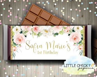 Pink and Gold Floral Chocolate Bar Wrapper for a Girls First Birthday, Printable Candy Bar Wrapper